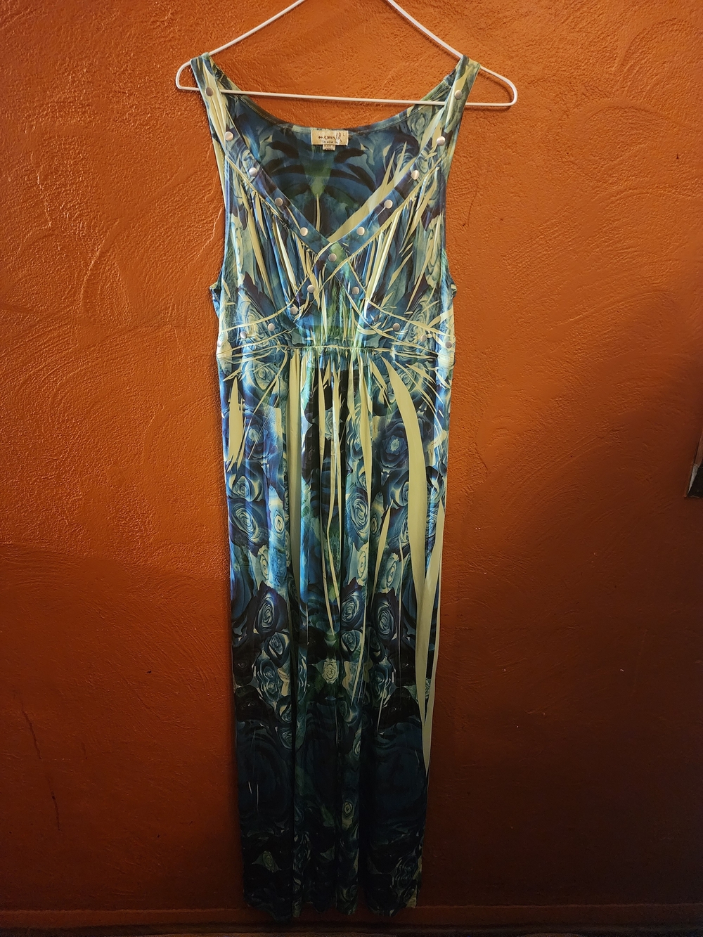 ONE WORLD Blue and Green Floral Print Maxi Dress